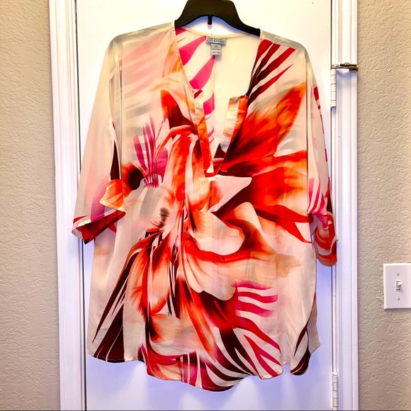 Catherines Tops - 🌅Catherines Blouse Cream Red Orange Size 2X Flowy